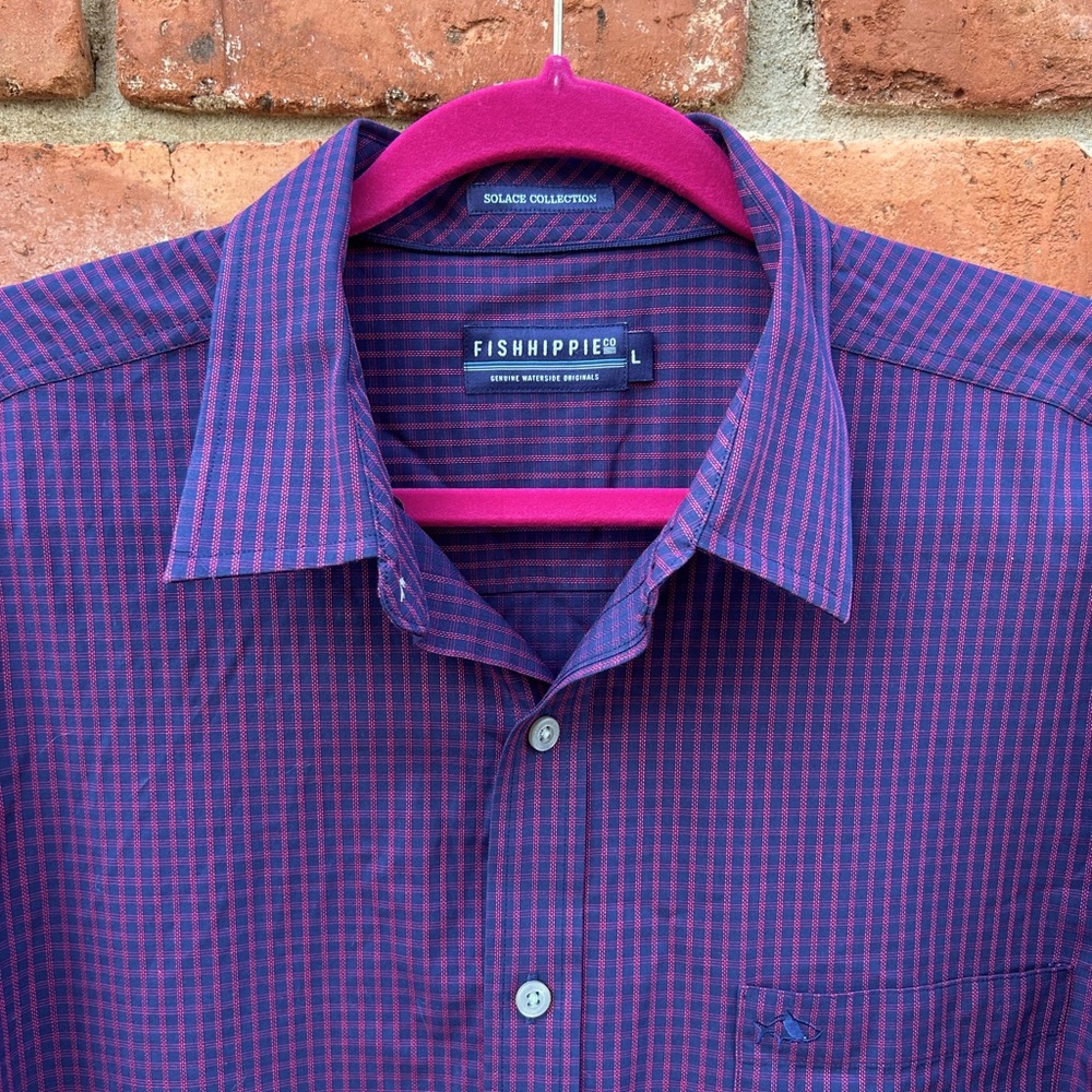 Fish Hippie Men’s Solace Collection Navy Purple Checkered L/S Shirt Large
